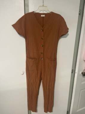 Roolee Rust Pinstripe Button-Front Short Sleeve Jumpsuit